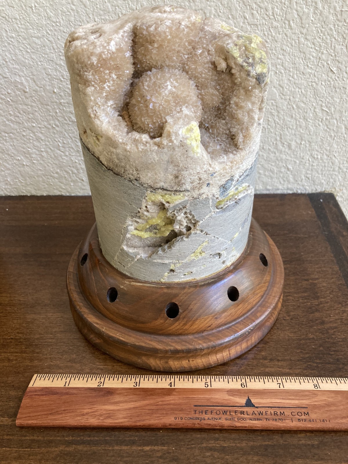 Natural Geological Drill Core w Crystals on Walnut Wood Pen Holder Display Base
