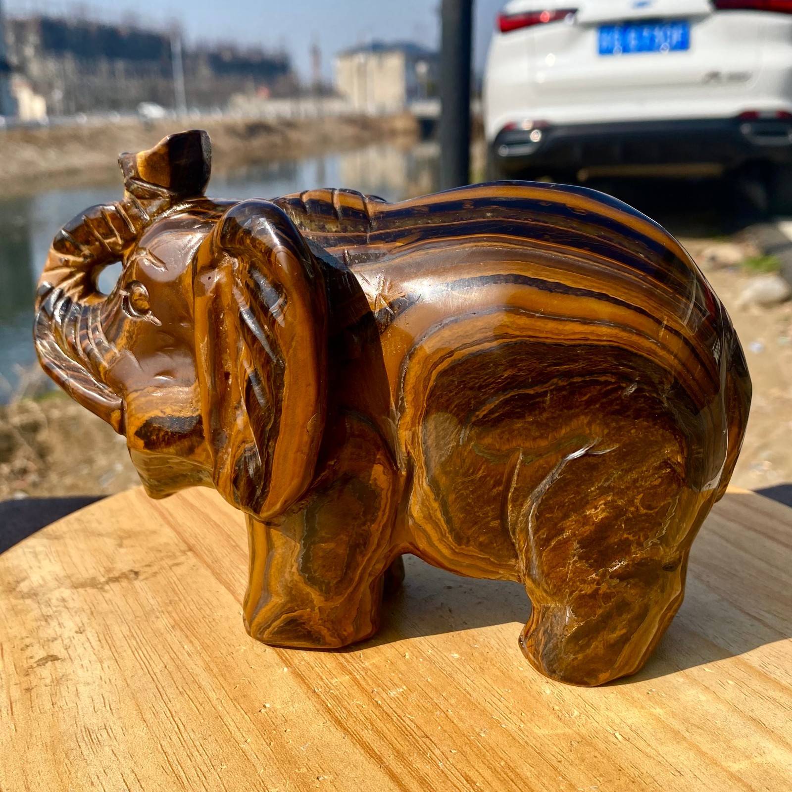 3.72LB Natural Tiger’s Eye Gemstone Elephant Figurin Hand Carved Mineral