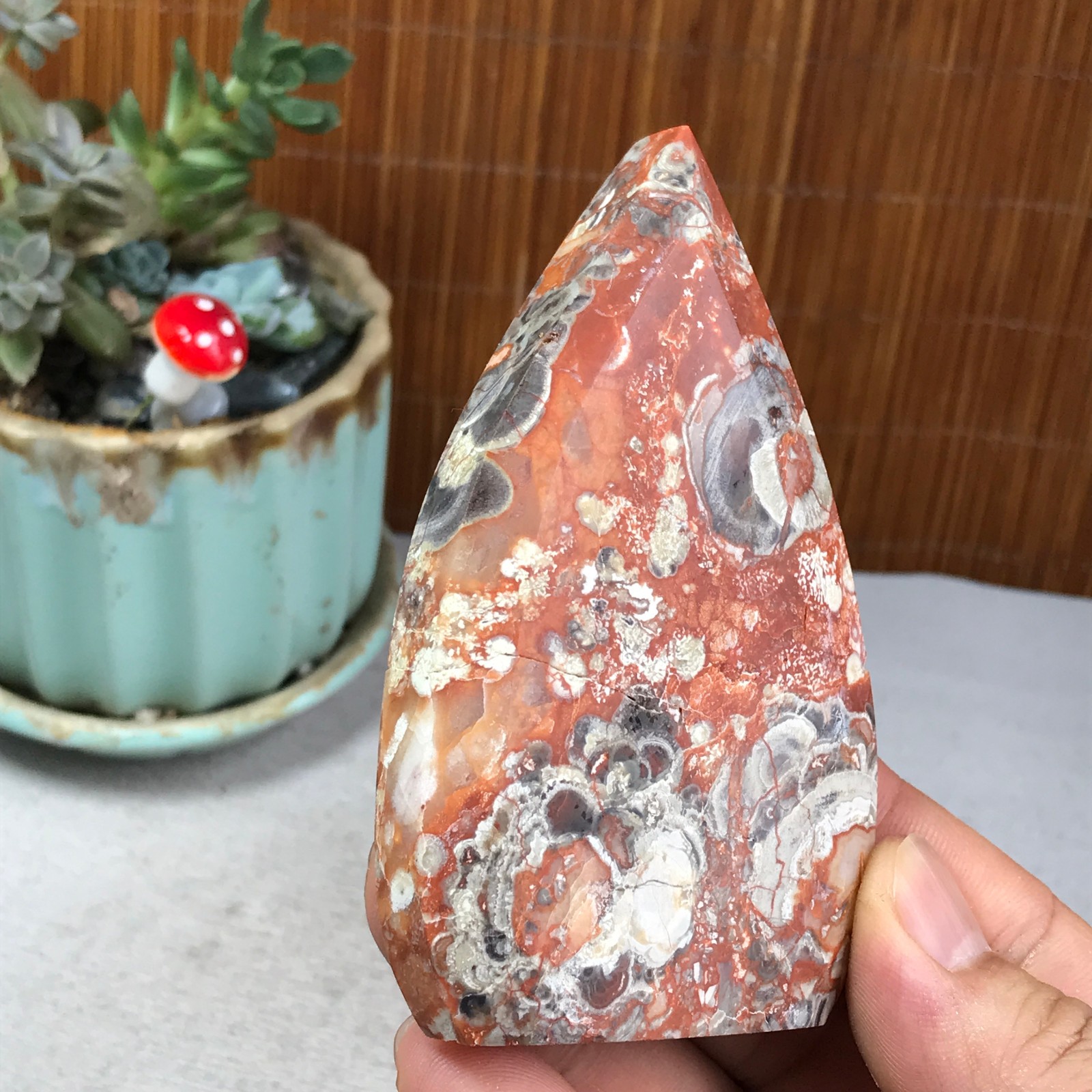 Natural money Mexico agate hand carve leaf Crystal Specimen free standing A6256