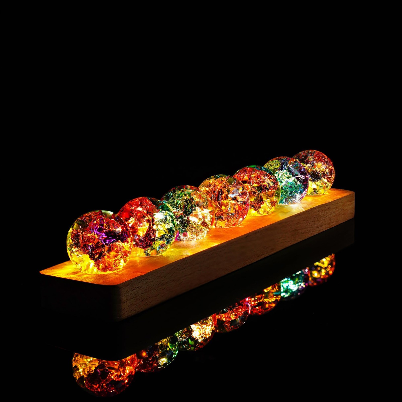 Colorful Healing Spheres 7pcs with LED Wooden Stand – Meditation Decoration