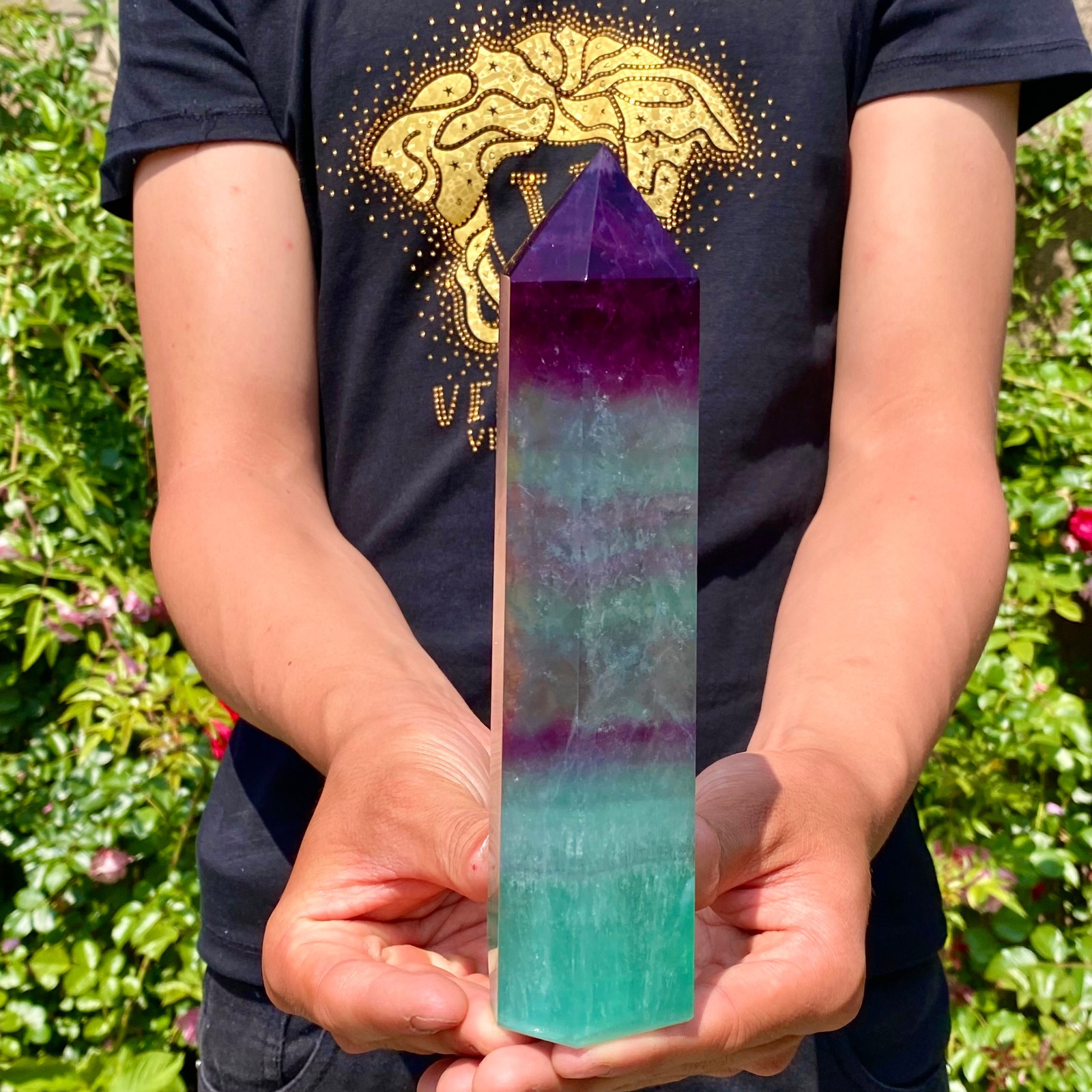 1.8LB Natural rainbow fluorite obelisk quartz crystal wand point Gem Healing
