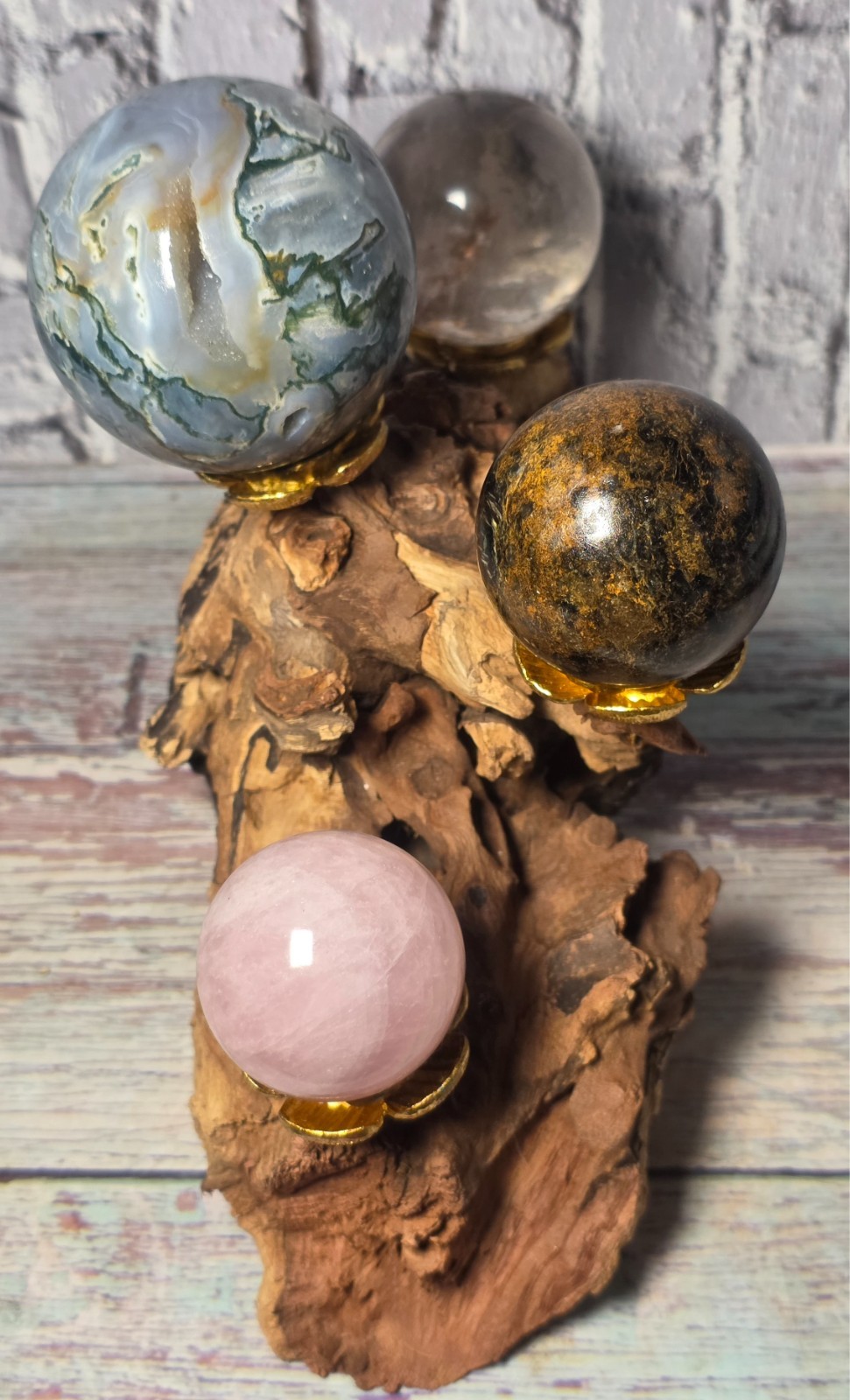 4 Crystal Sphere Display Set Moss Agate Bronzite Rose Quartz Quartz Wood Stand