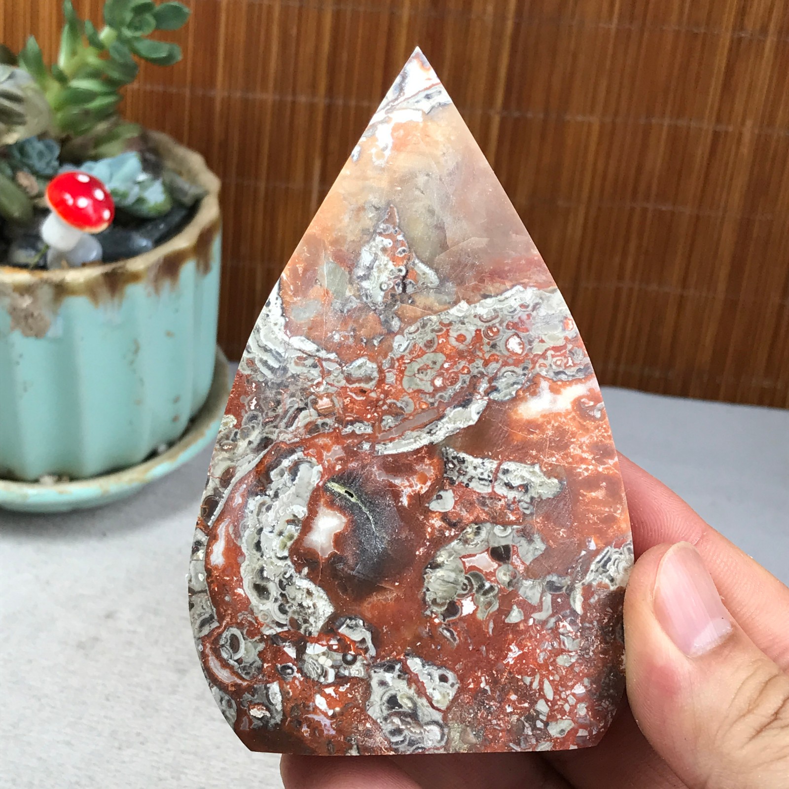 Natural money Mexico agate hand carve leaf Crystal Specimen free standing A6270