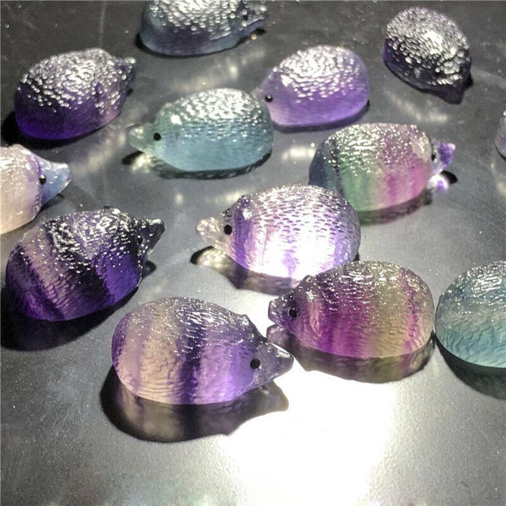 Natural Quartz Crystal Skull Carved Rainbow Fluorite Hedgehog Stone Healing.