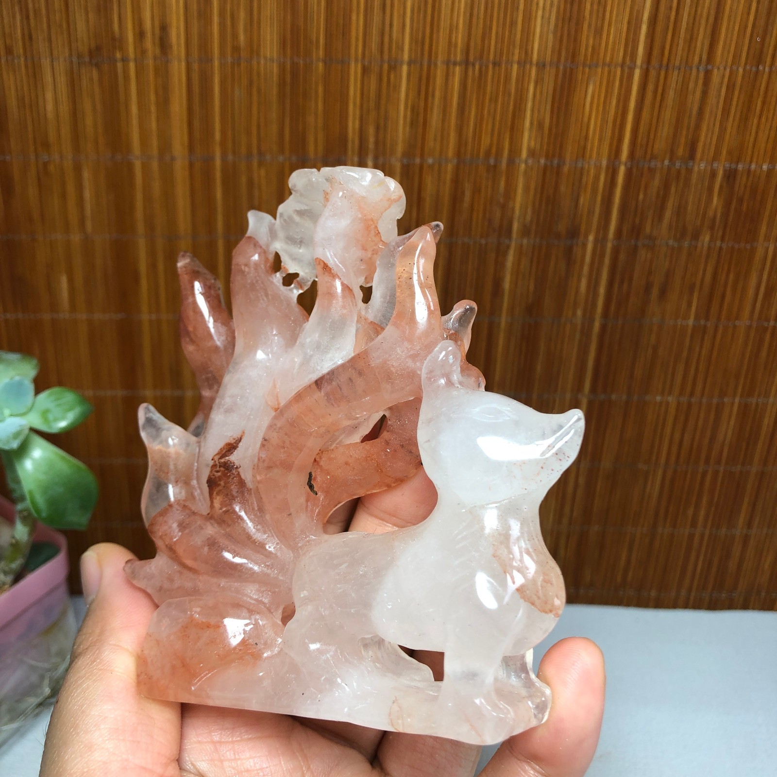 91mm Natural Red gum flower crystal carved Nine Tailed Fox specimens 175g A1799