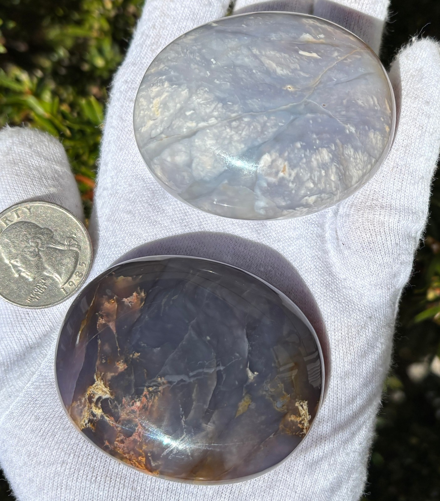 USA SALE LOT 2 “PURPLE” CHALCEDONY PALMSTONES PALM STONE STONES DARK BLUE GRAY