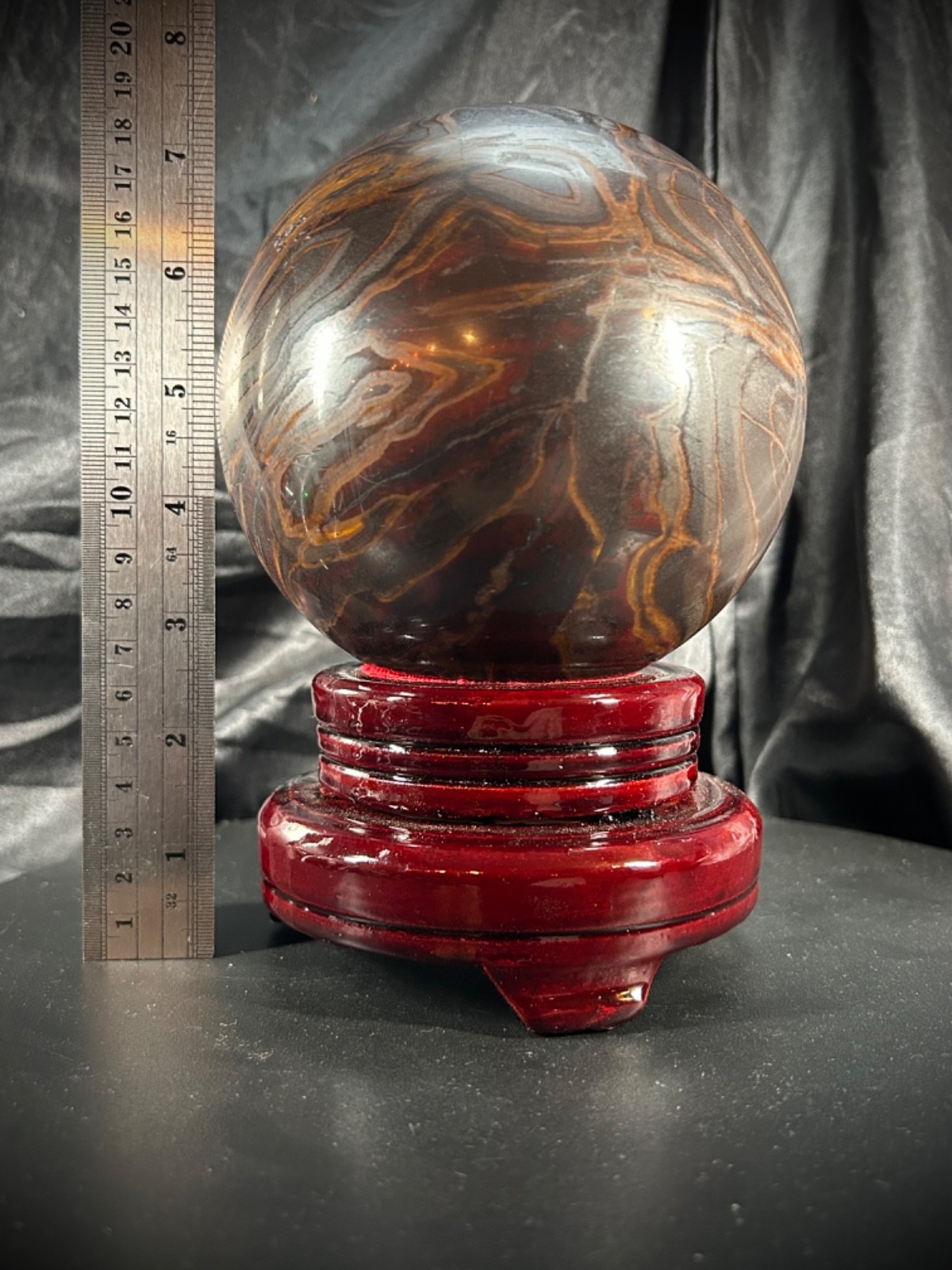 5″ Unique Tiger Iron (AKA Mugglestone) Sphere With Wood Swivel Stand 7lb 4.5oz
