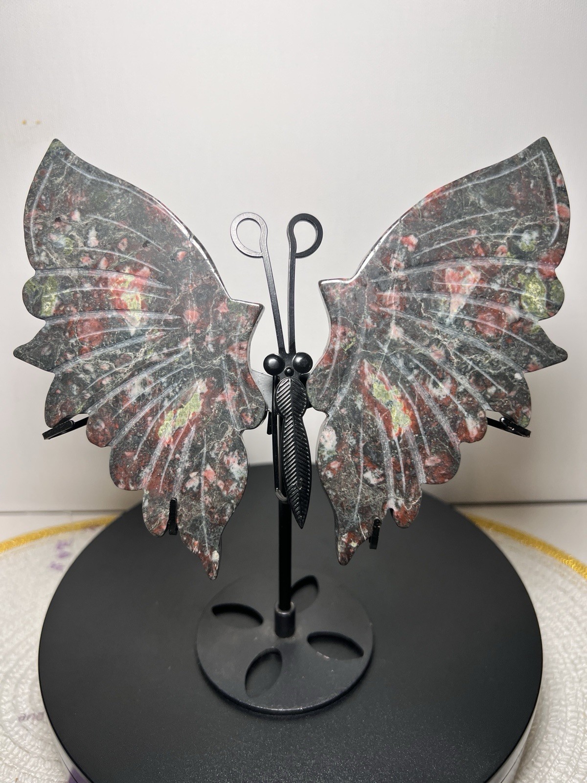 Plum Blossom Jasper (black amygdaloidal andesite) Wings W/Holder