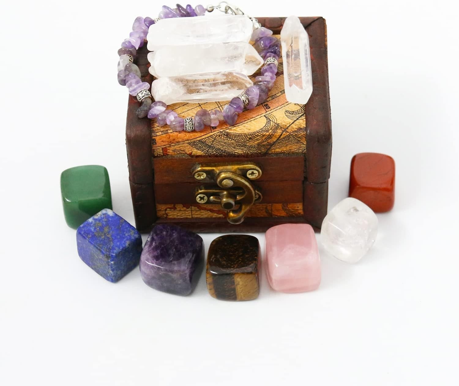 Elegant Healing Crystals & 7 Chakra Stones Set in Wooden Box – Gift for Women