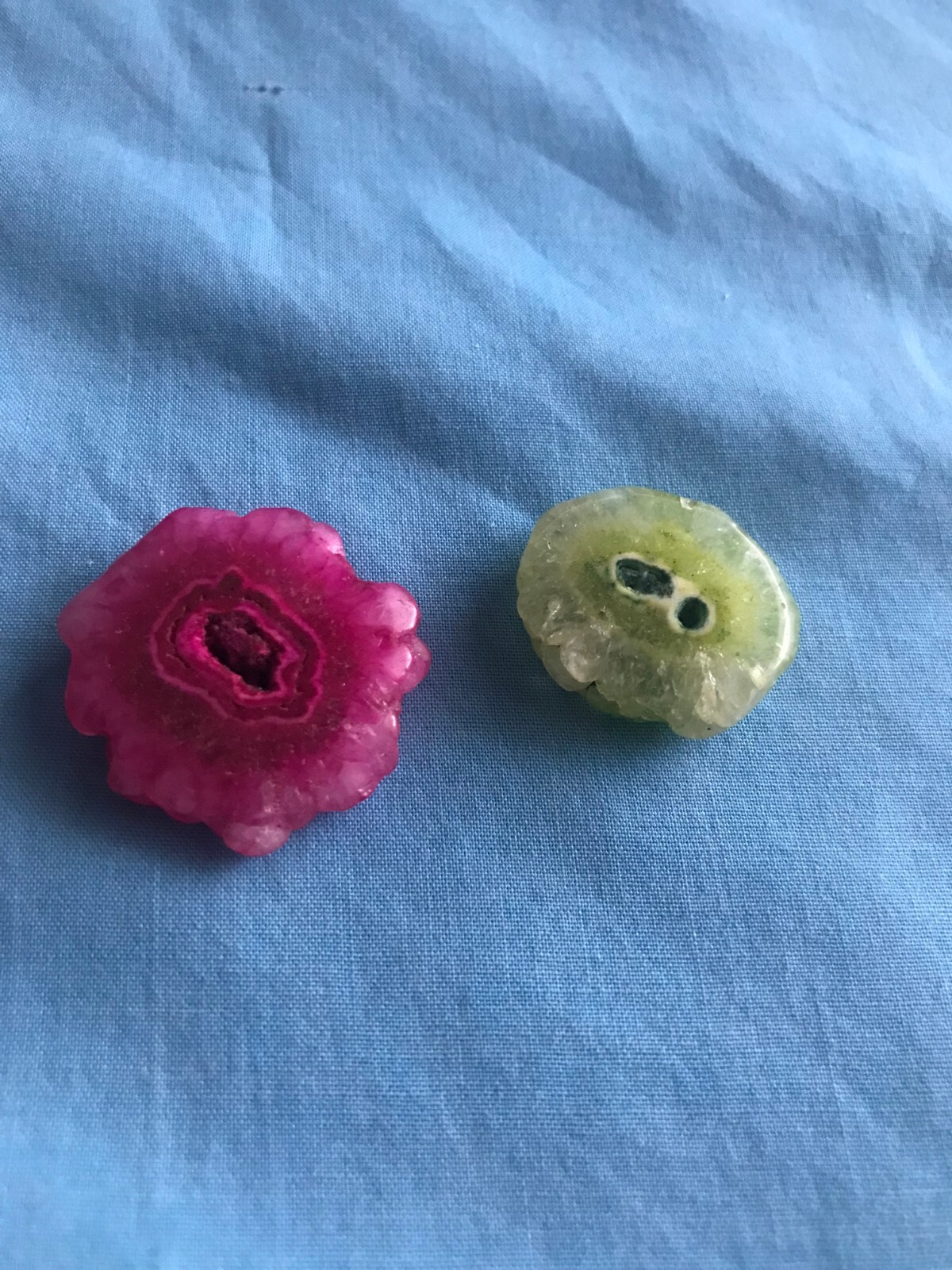 2 New 1 Pink & 1 Green Cut, Dyed & Polished Crystal Stone Stalactites