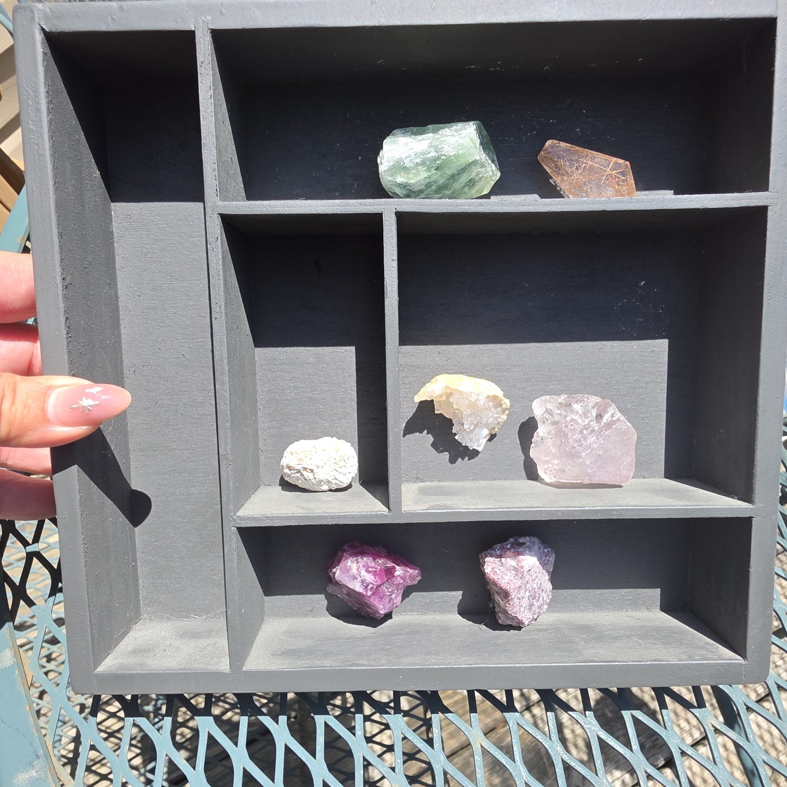 Shelf And Crystal Lot. 7 Various Crystals 8 1/8 By 8 3/4. Black/Dk Grey