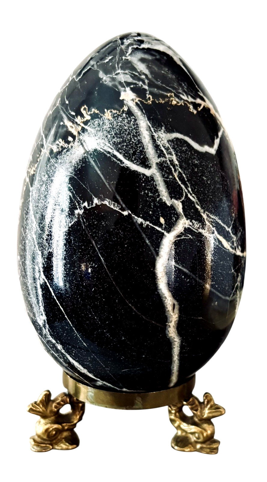 BLACK ZEBRA MARBLE EGG, BRASS DOLPHIN TRIPOD STAND, 5.5″Hx2.5″W, 1 LB 14 OZ