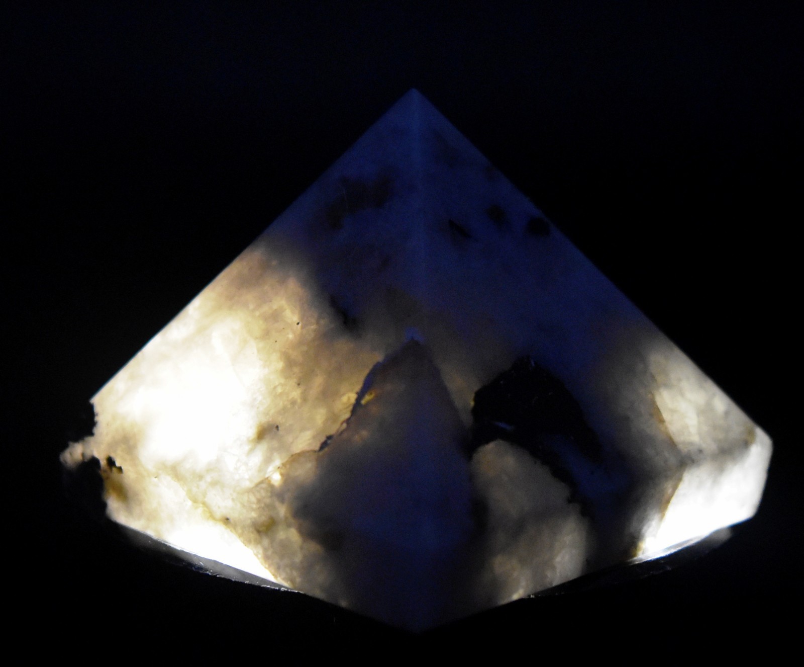 36mm 50g Rainbow Moonstone w/ Tourmaline Pyramid Polished Natural Mineral India