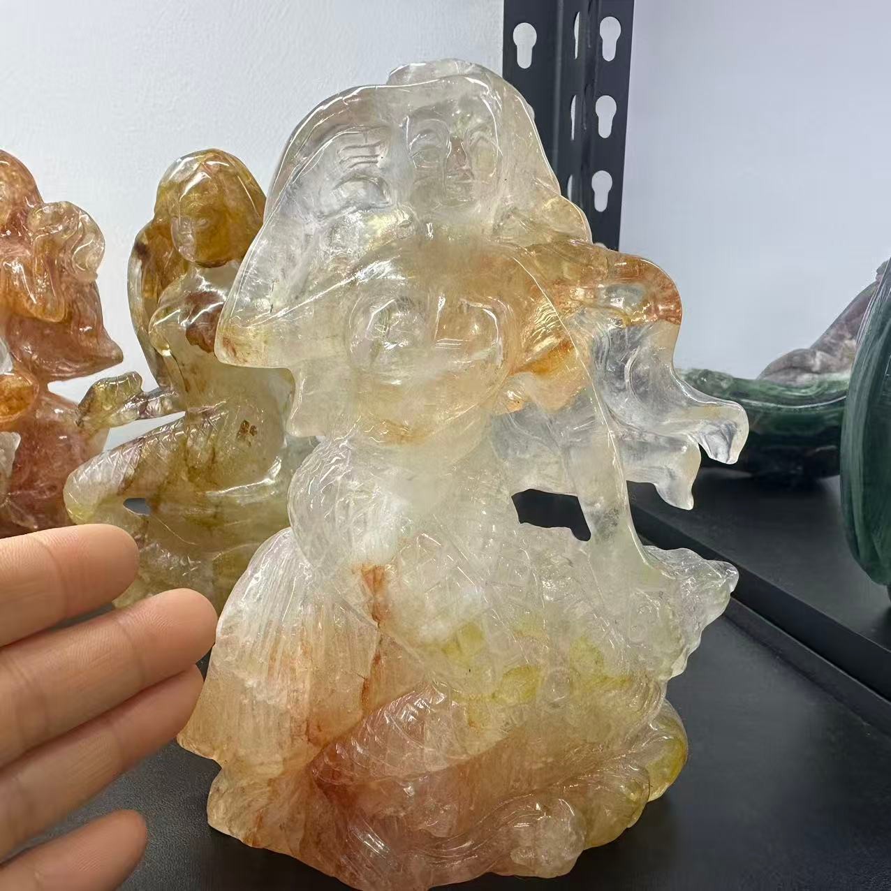 845g Natural Red gum flower Quartz Carved Mermaid Skull Reiki Decor