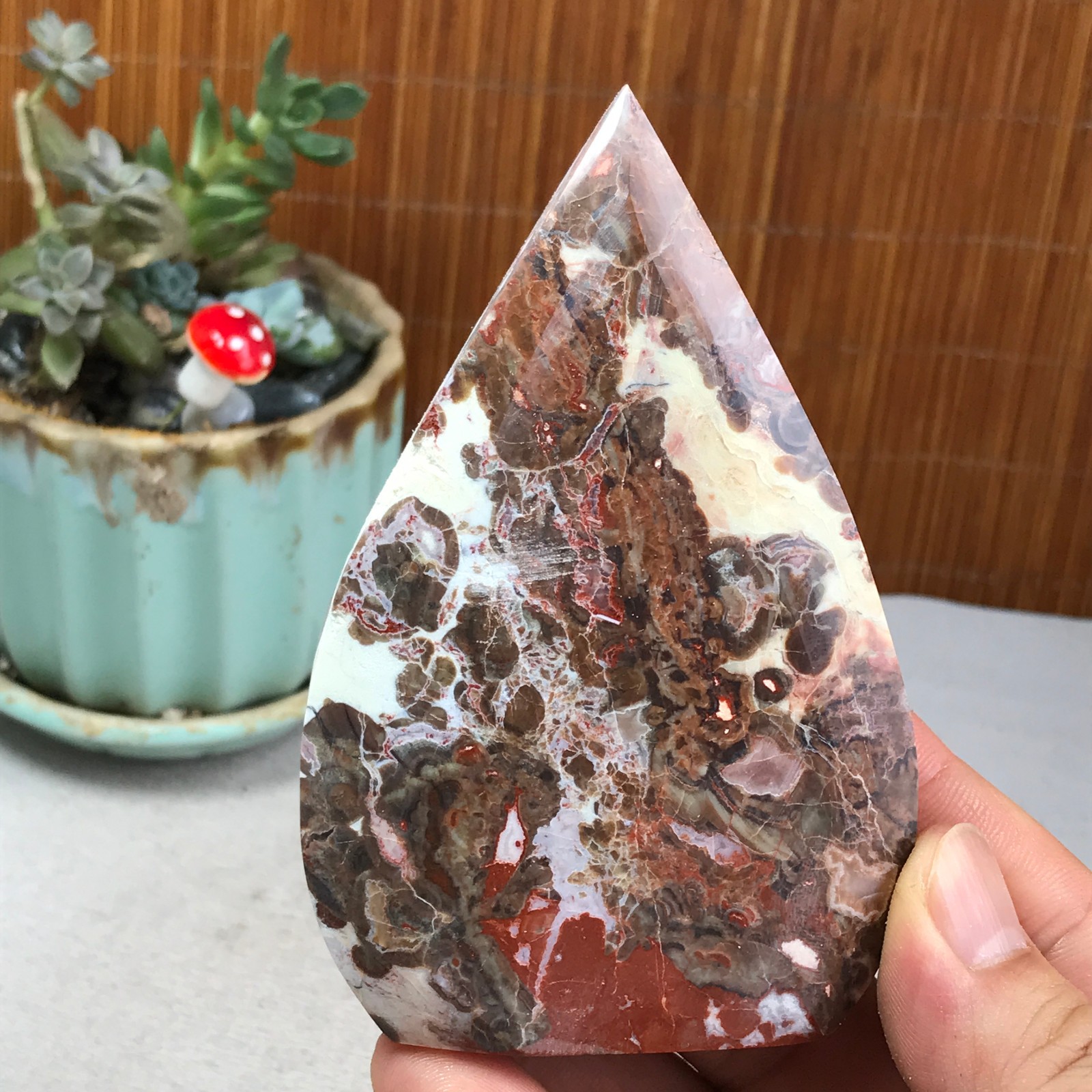 Natural money Mexico agate hand carve leaf Crystal Specimen free standing A6272