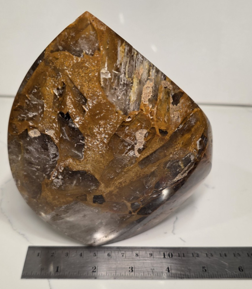 4LB 6″ High-Grade AAA Golden Healer with Smoky Quartz Crystal Flame Free-form