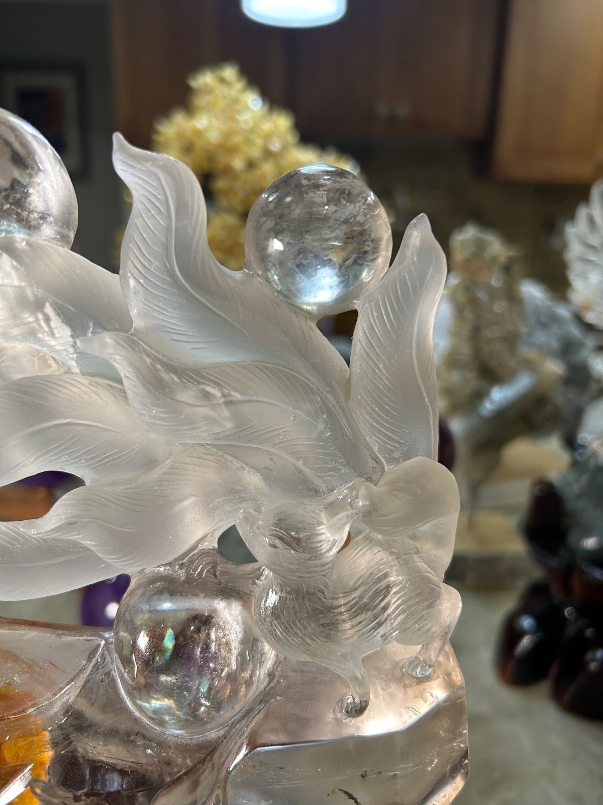 Clear Quartz healer nine 9 tail FOX carving on custom wood stand large