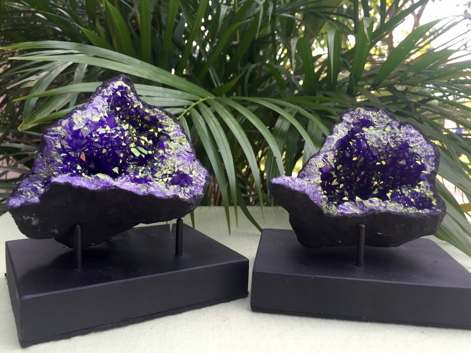 Large Purple Geode Pair W/Stands Crystal Geode Quartz Moroccan Geode Half Open.