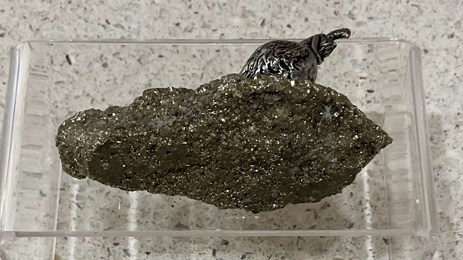Vintage Pewter Quail Figurine On Iron Pyrite Base Miniature Bird Rock 1.75″ Tall