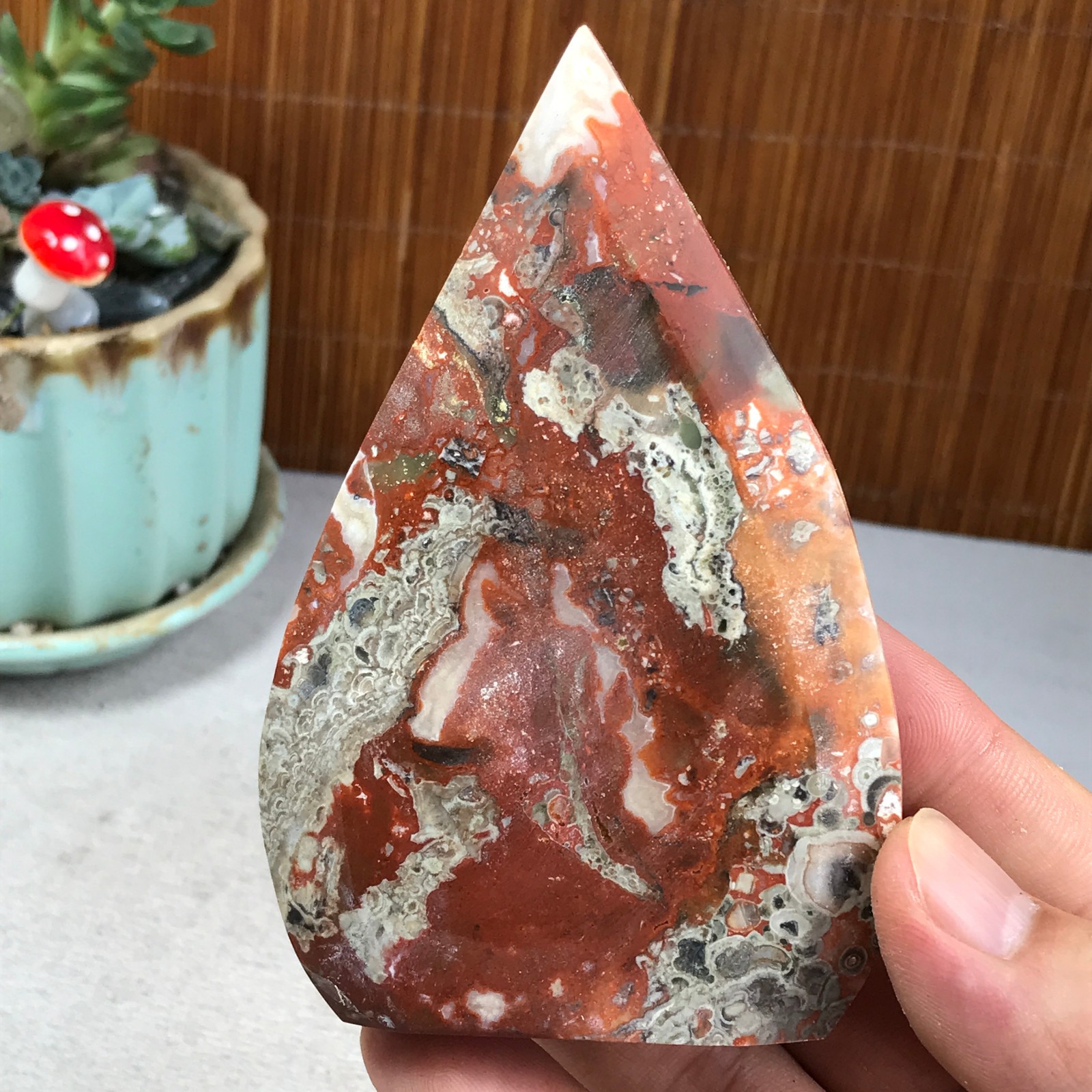 Natural money Mexico agate hand carve leaf Crystal Specimen free standing A6269