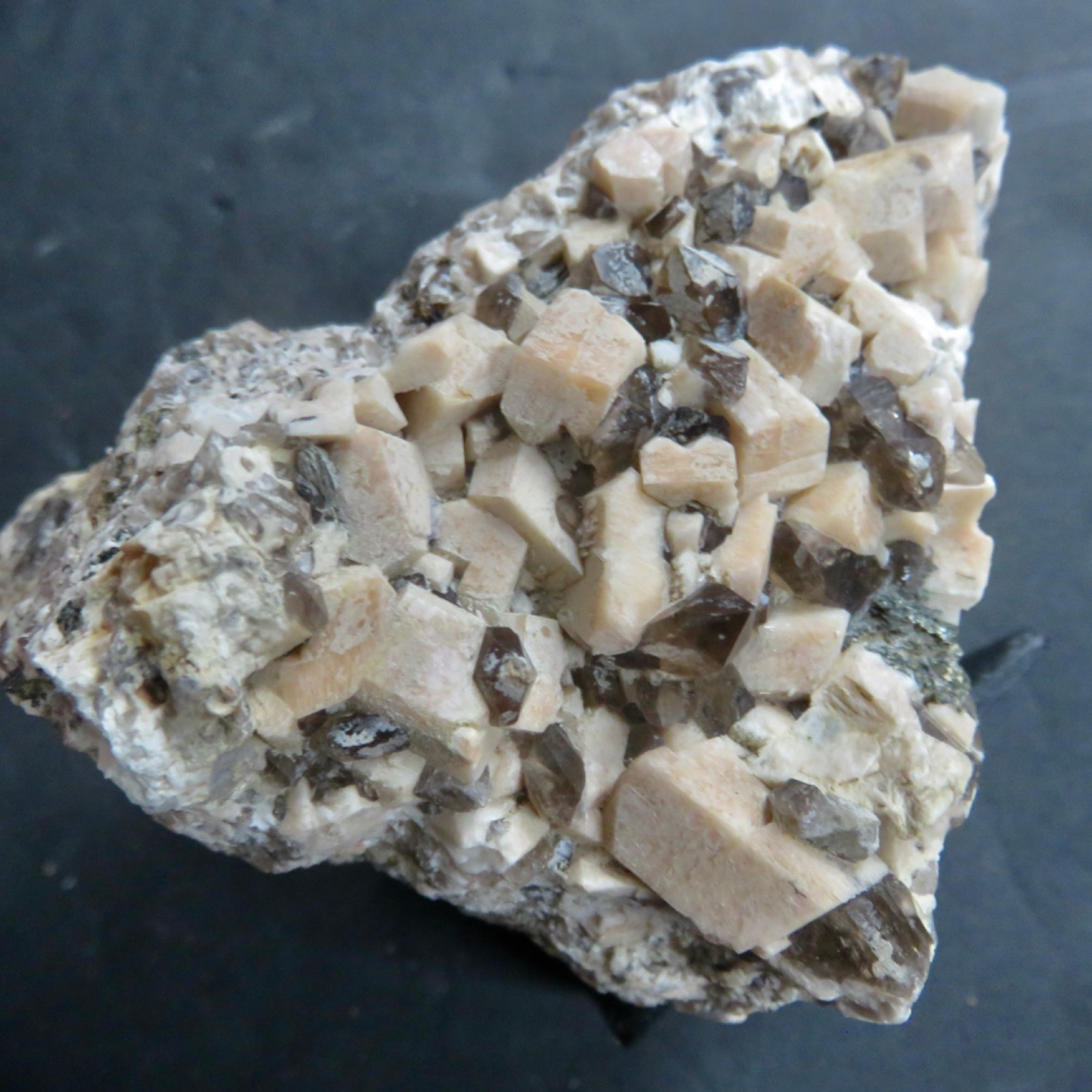 MICROCLINE ( fl.) with SMOKY QUARTZ CRYSTALS – MOAT MTN. – CONWAY, N.H.