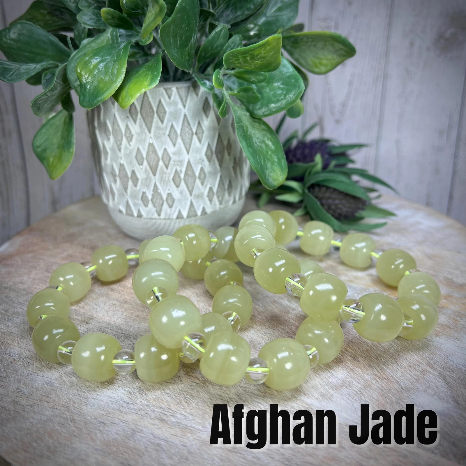 Afghan Jade Bracelet, Afghan Jade and Clear Quartz Crystal, Large Bead Crystal
