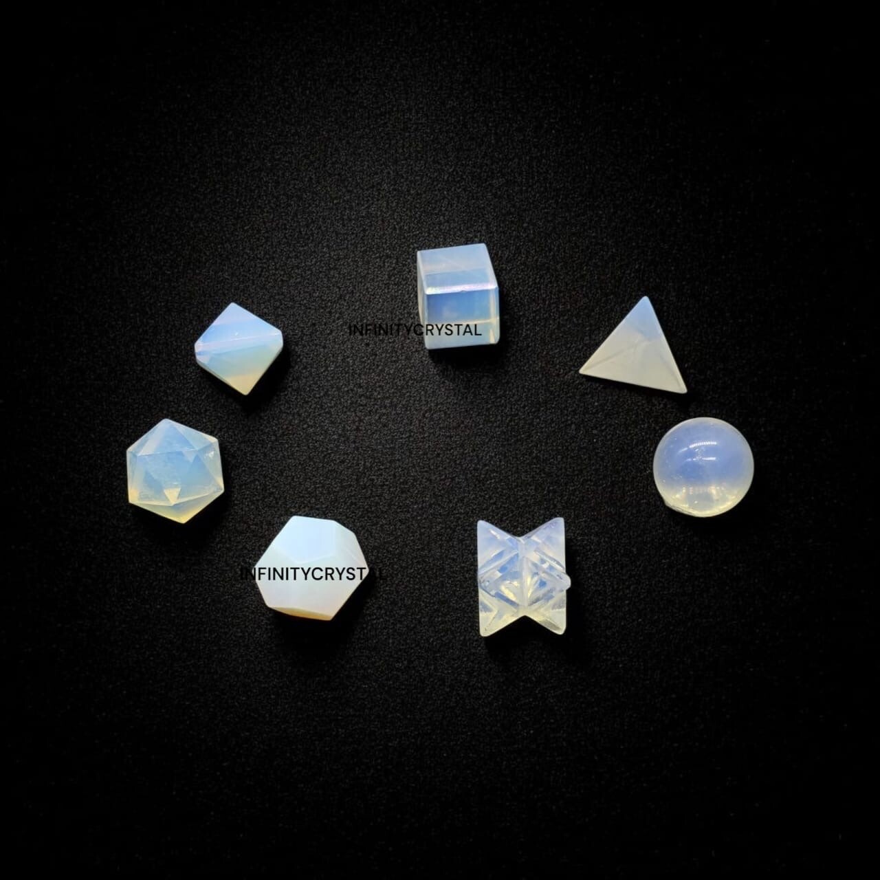 7 Pcs Opalite Sacred Geometry Set 7 Pcs,Crystal Set,Grid Board Wooden Box Gifts.