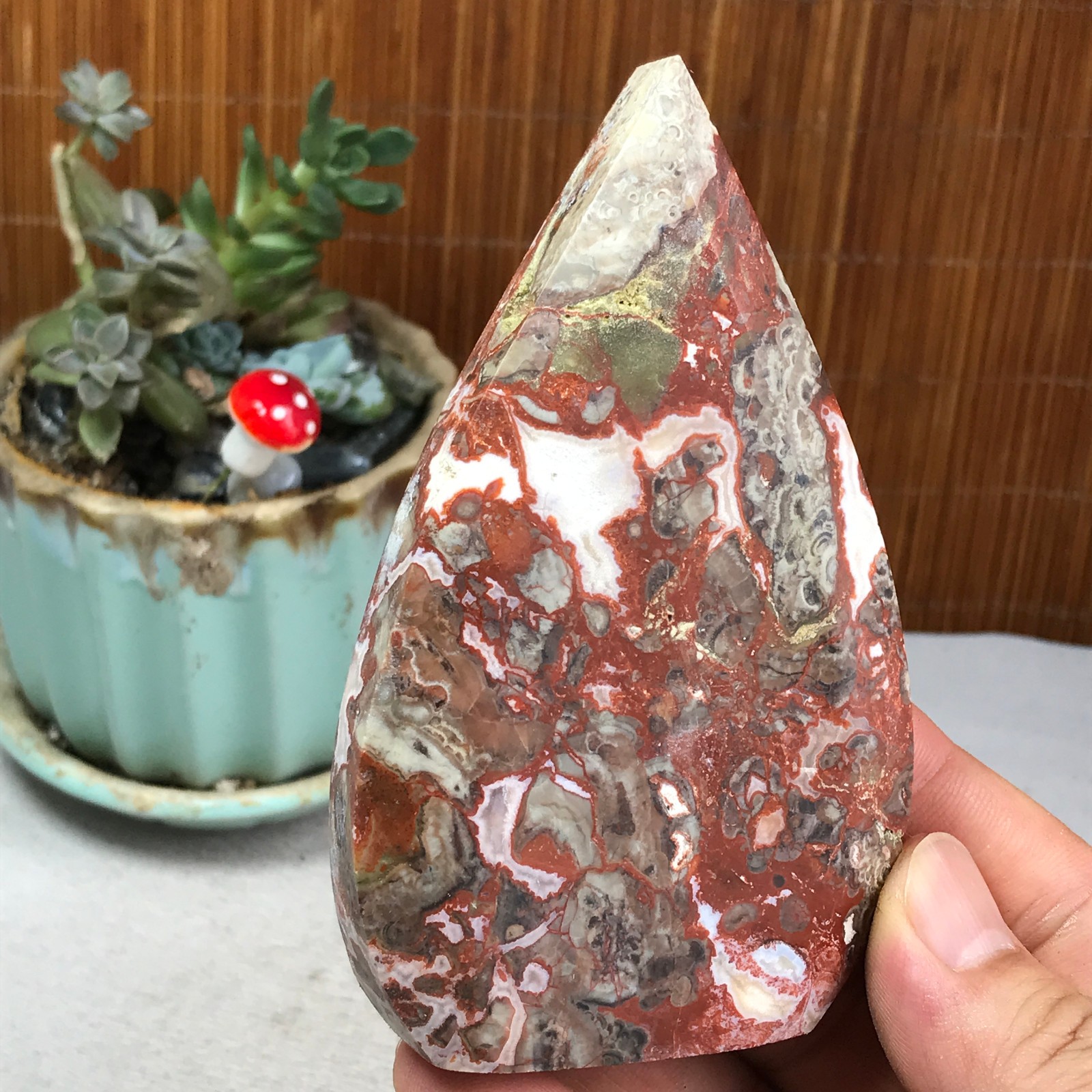 Natural money Mexico agate hand carve leaf Crystal Specimen free standing A6255