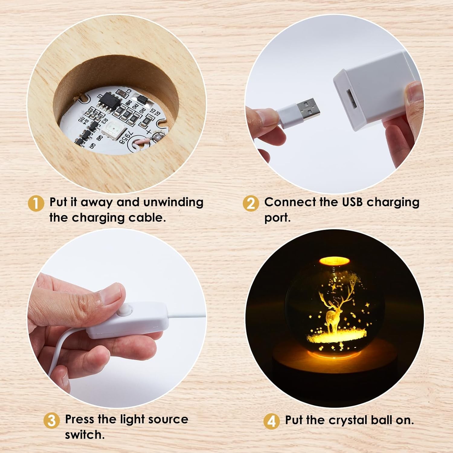 2PCS LED Wooden Round Light Base 7-Color Adjustable Display Stand for 3D Crystal