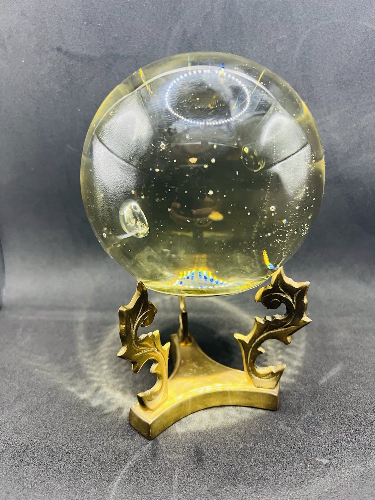 Vintage Clear Orb Crystal Magnifying Ball w Brass Base Stand 7″ tall Bubbles