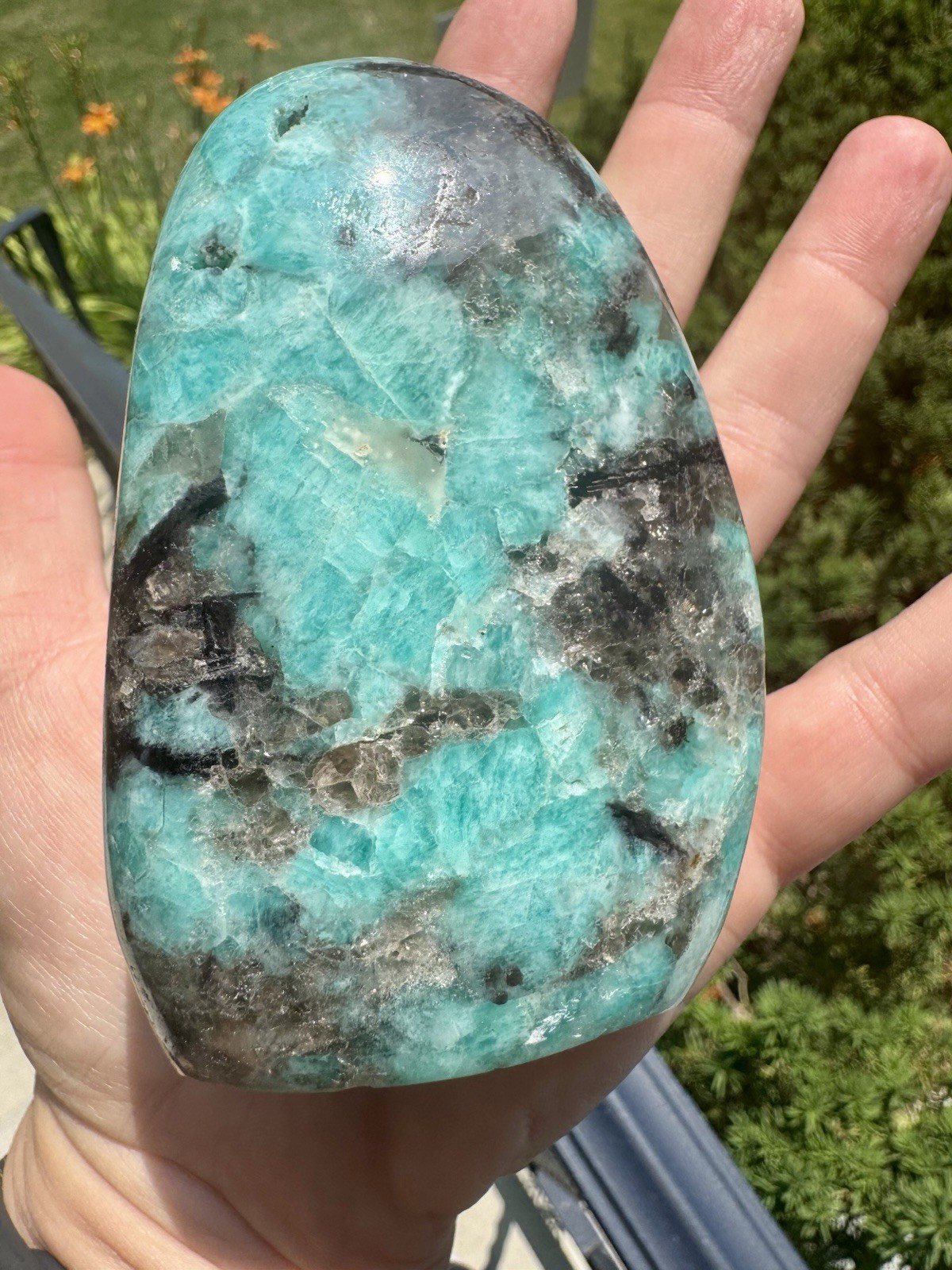 Vibrant Polished amazonite With Smoky Quartz Freeform.
