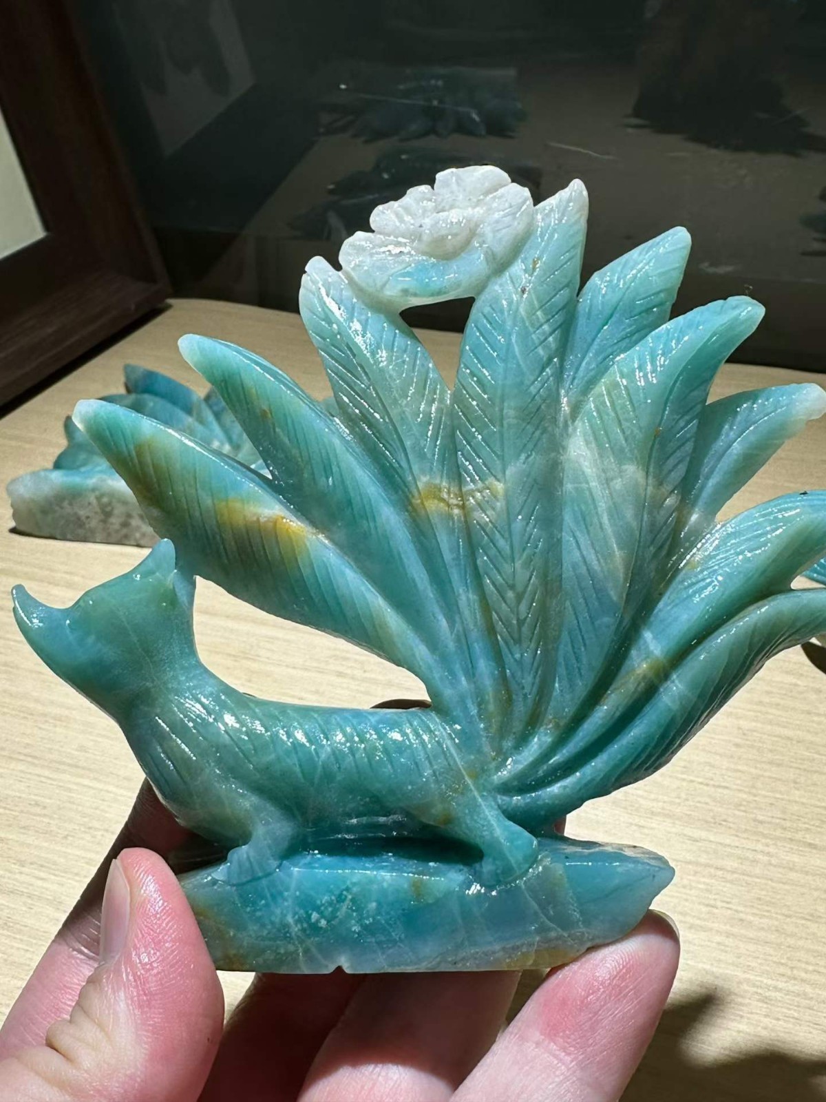 1pc Natural Amazonite Quartz Carved Nine-tailed fox Skull Crystal Decor