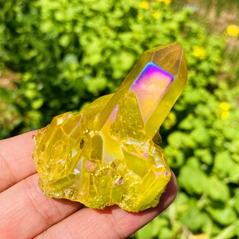 80-100g Aura Citrine Titanium Rainbow Crystal Cluster Geode Slice Home Decor