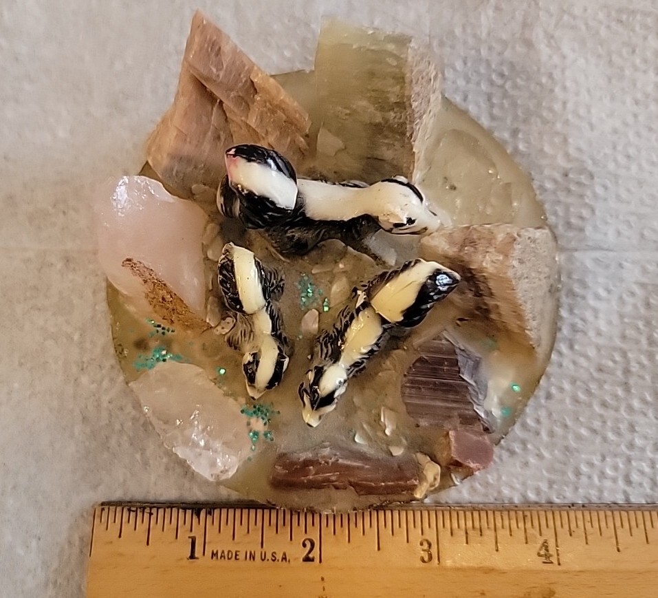 Skunk Family On Lucite Acrylic Base With Crystal And Mineral Stones
