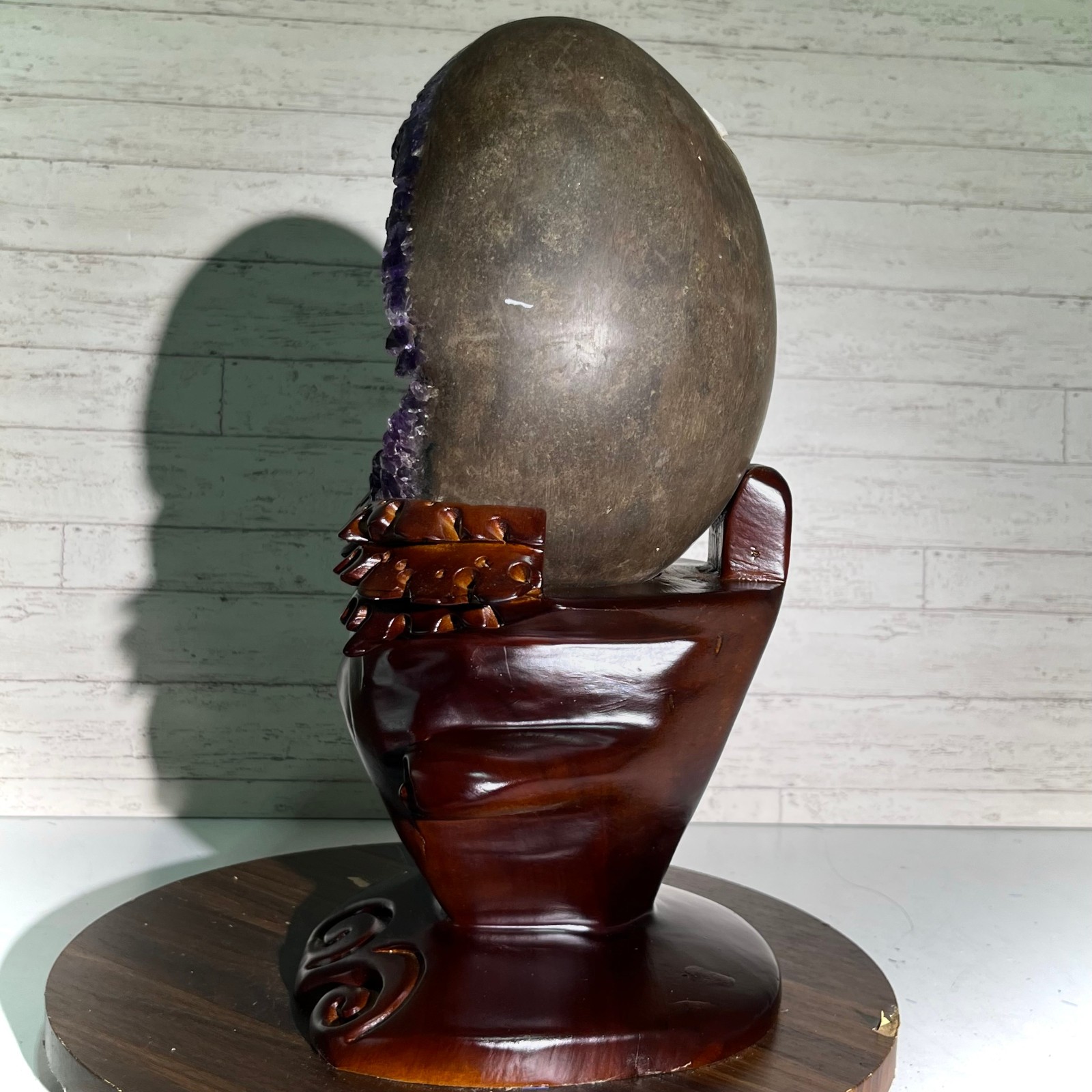 13.4 lb Amethyst Cluster Geode Dragon Egg Crystal w/ Wood Stand Mineral Specimen