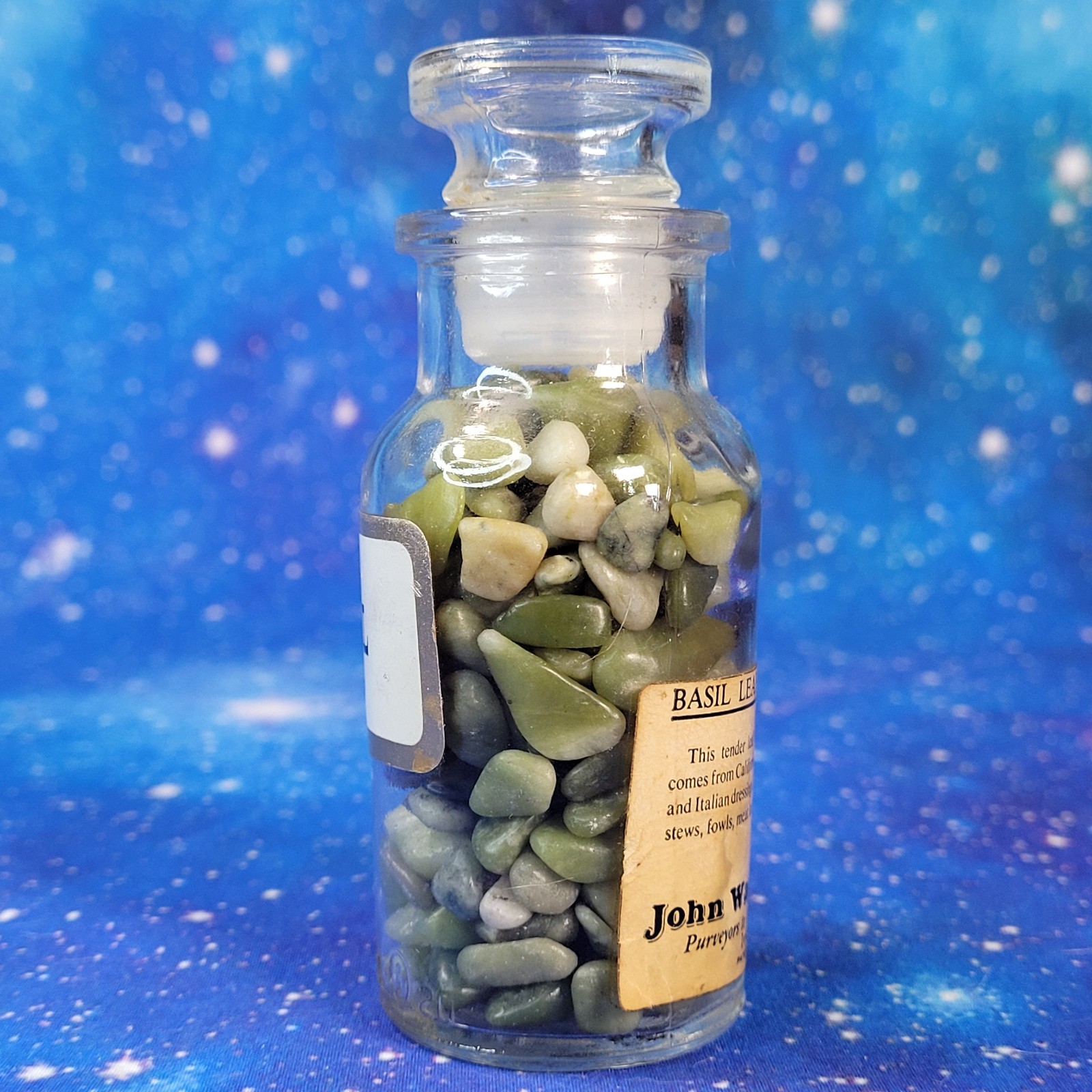 4oz Serpentine Crystal Tumbles in Apothecary Vintage Glass Jar Wagner Spice