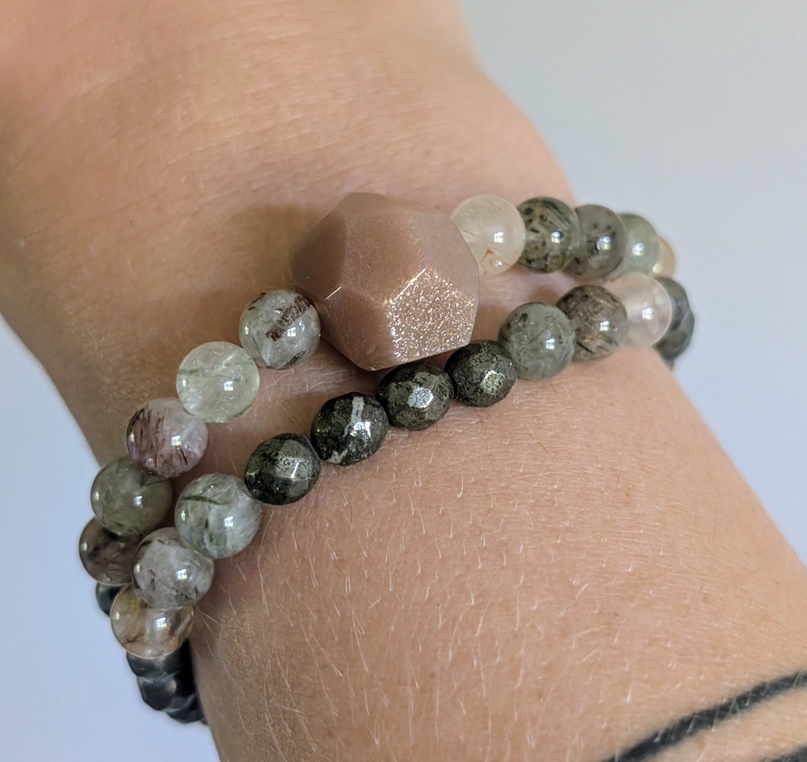 Sunstone Bracelet Size 6.25 Mixed Rutile & Pyrite 6mm Beads Matching Set of 2