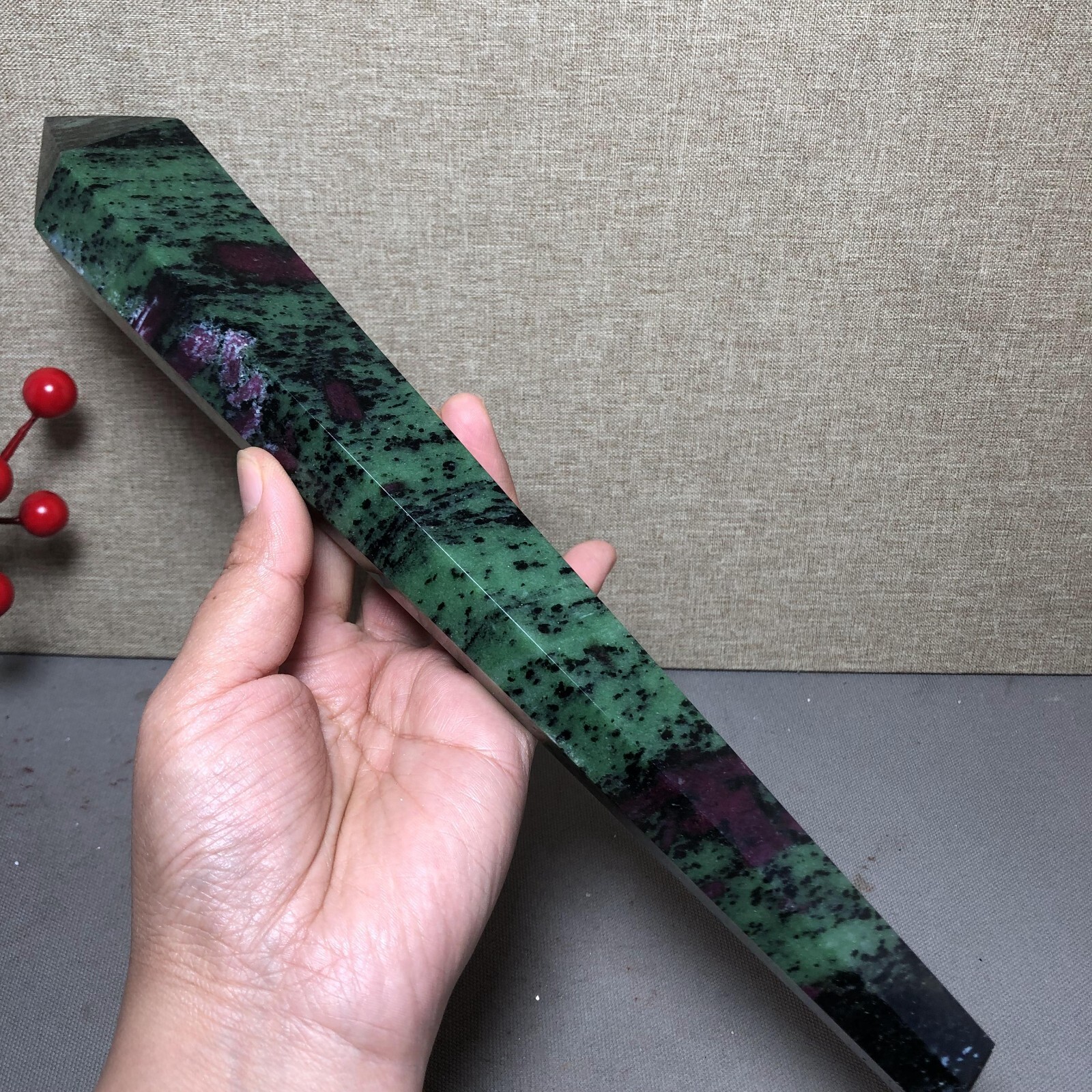 295mm Long Natural red green epidote wand Obelisk Crystal specimens 716g A4537