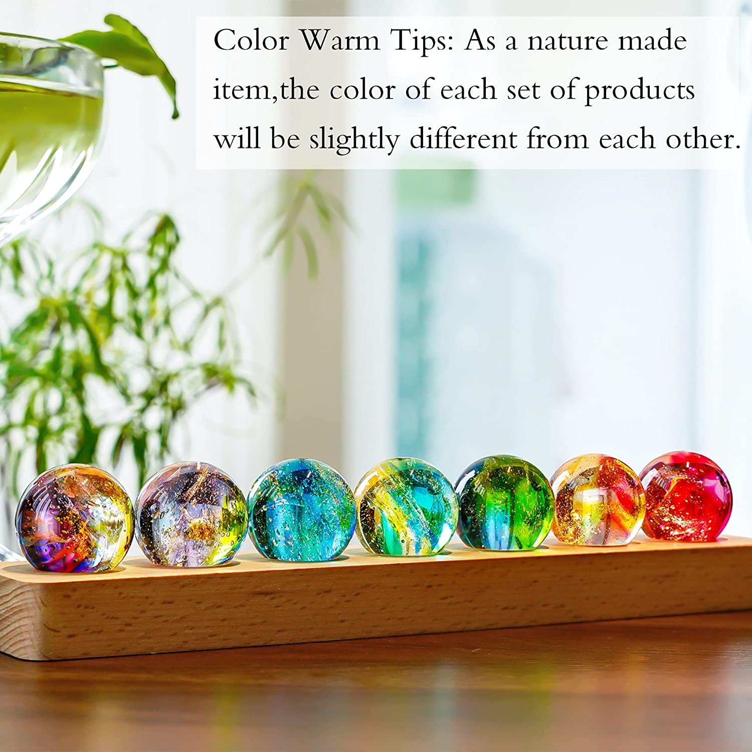 7 Chakra Natural Healing Spheres with LED Wooden Stand 40Mm Crystal Quartz Stone