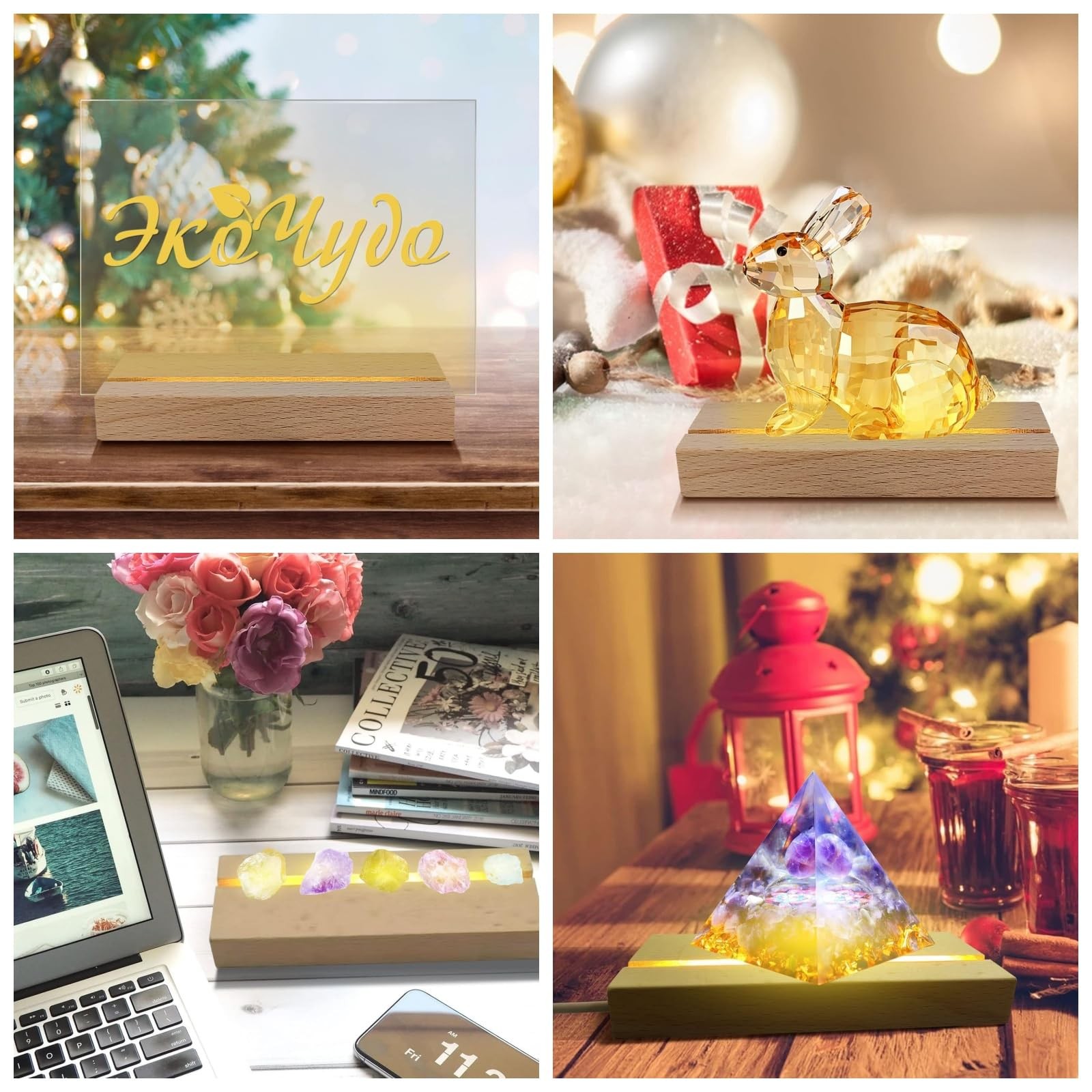 4Pcs 4.33″ Wooden LED Light Display Stand Base,Rectangle Wood Led Light Base …