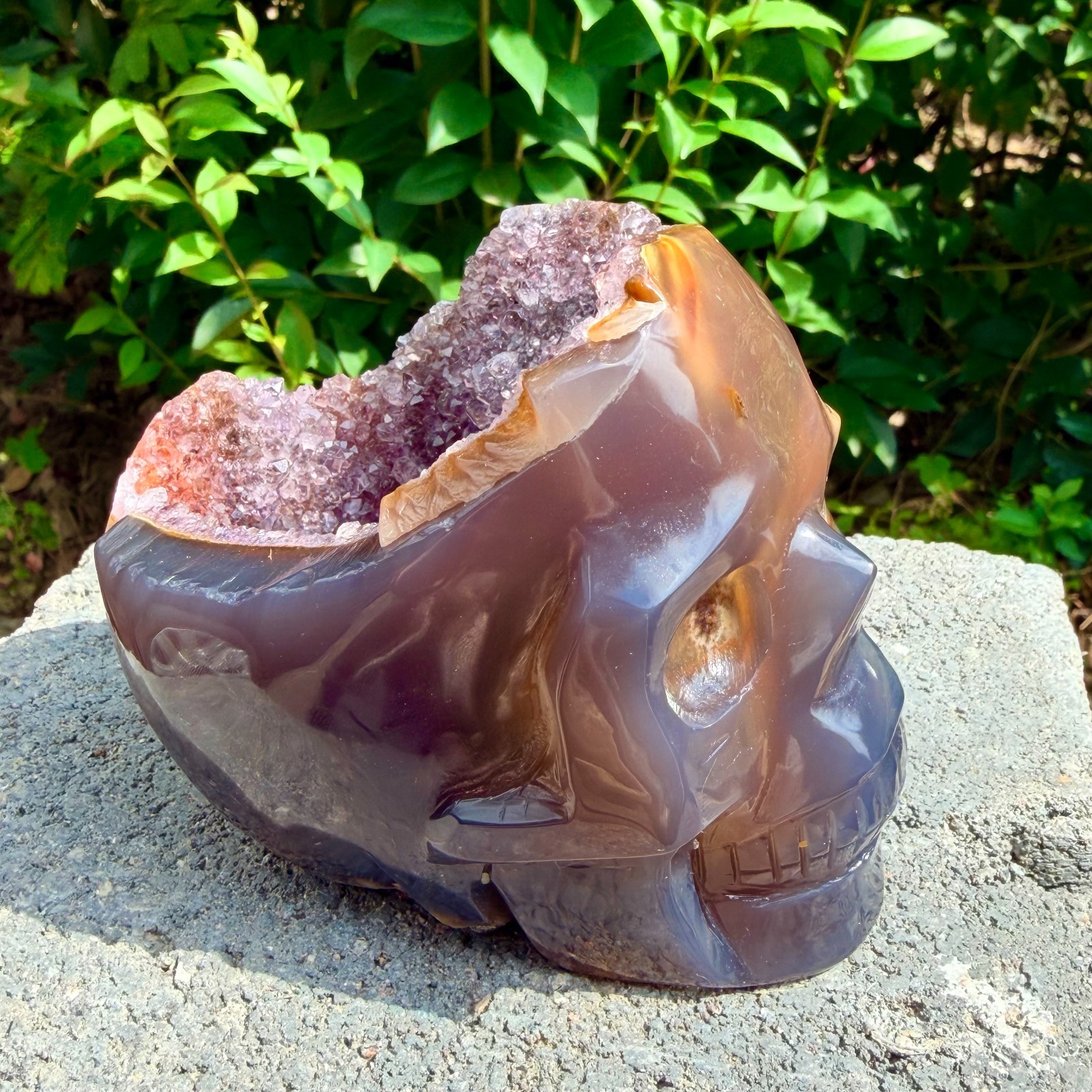 632g Amethyst agate crystal cave skull, Rare hand carved skull specimen
