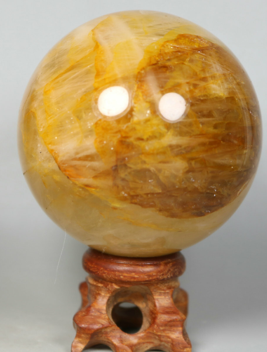 NATURAL Yellow PHANTOM MULTI-INCLUSIONS Quartz Crystal Stone Sphere Ball / Stand
