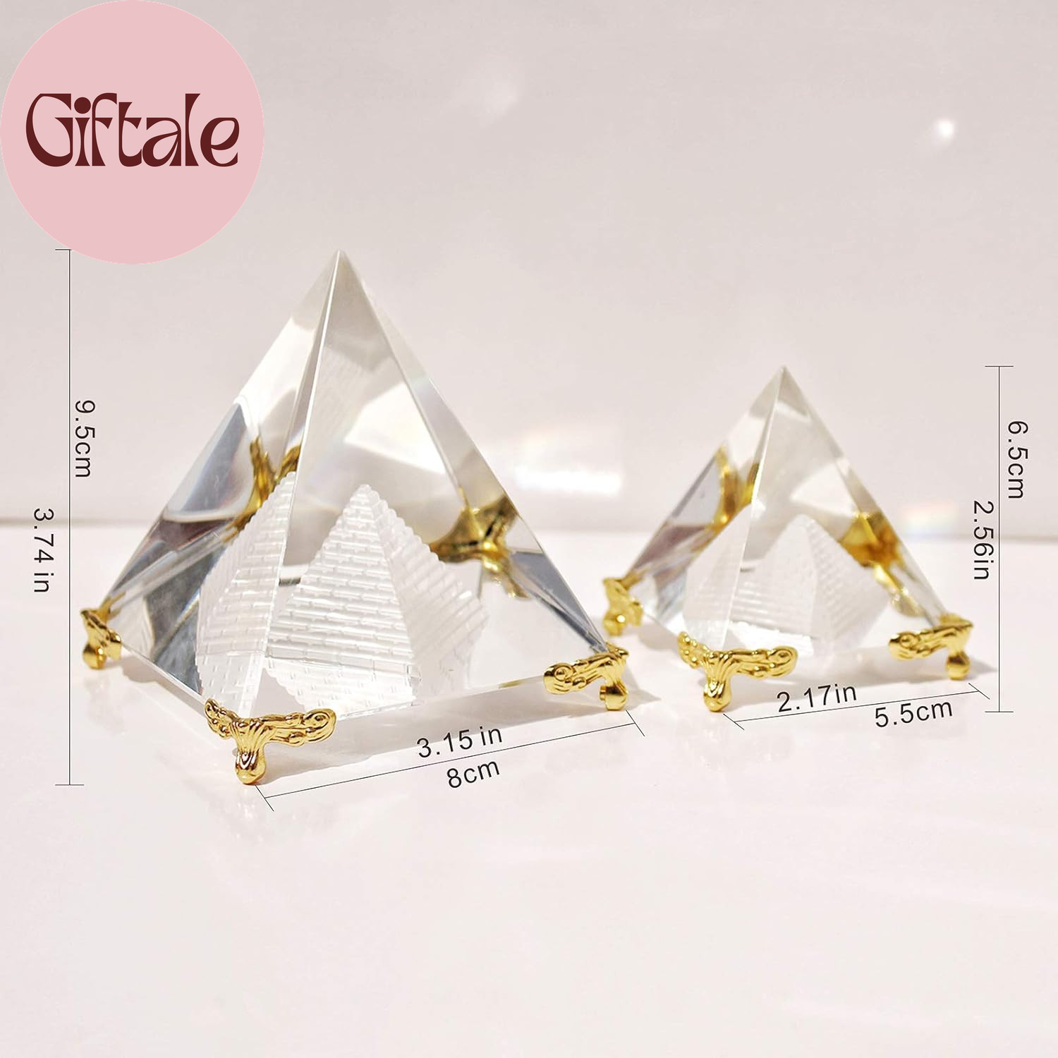 Crystal Pyramid Prism, Feng Shui Crafts Meditation Crystal with Gold Stand for H