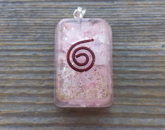 ORGONE ROSE QUARTZ GEMSTONE RECTANGLE PENDANT ORGONITE (ONE)