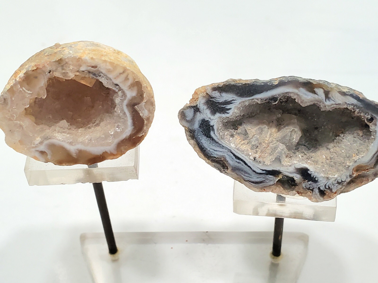 Set of 3 Natural Agate Geodes Displayed & set on a Triangular Lucite Stand
