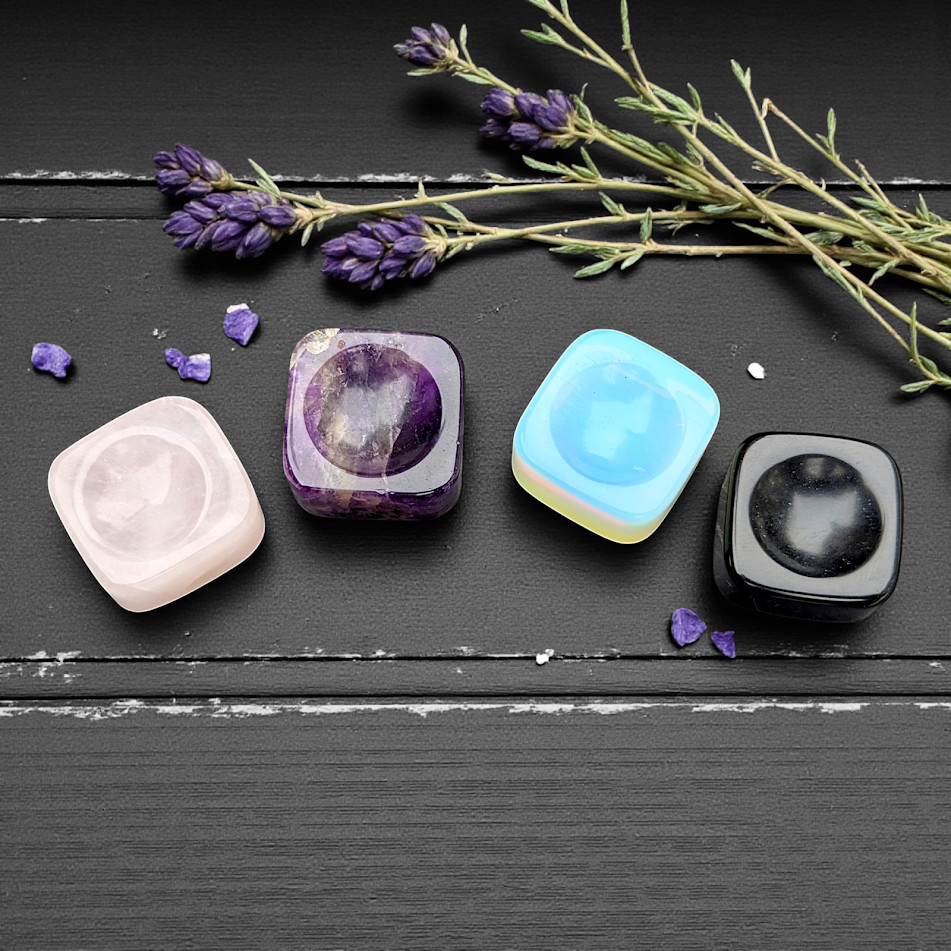 Cube Sphere Stands – Rose Quartz, Obsidian, Opalite, Amethyst, Selenite & Glass