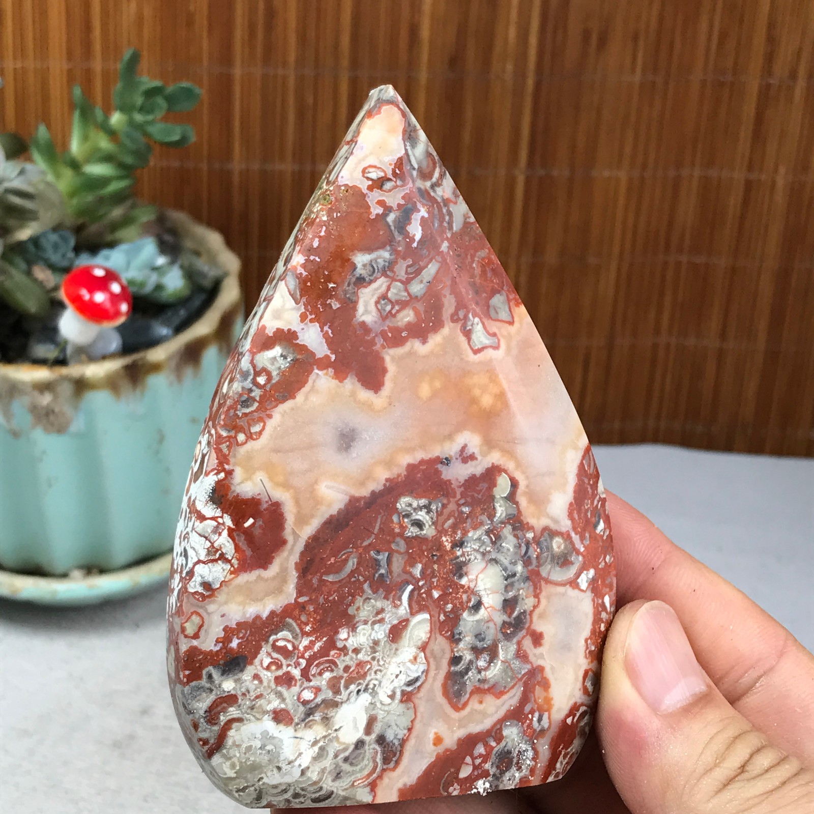 Natural money Mexico agate hand carve leaf Crystal Specimen free standing A6263