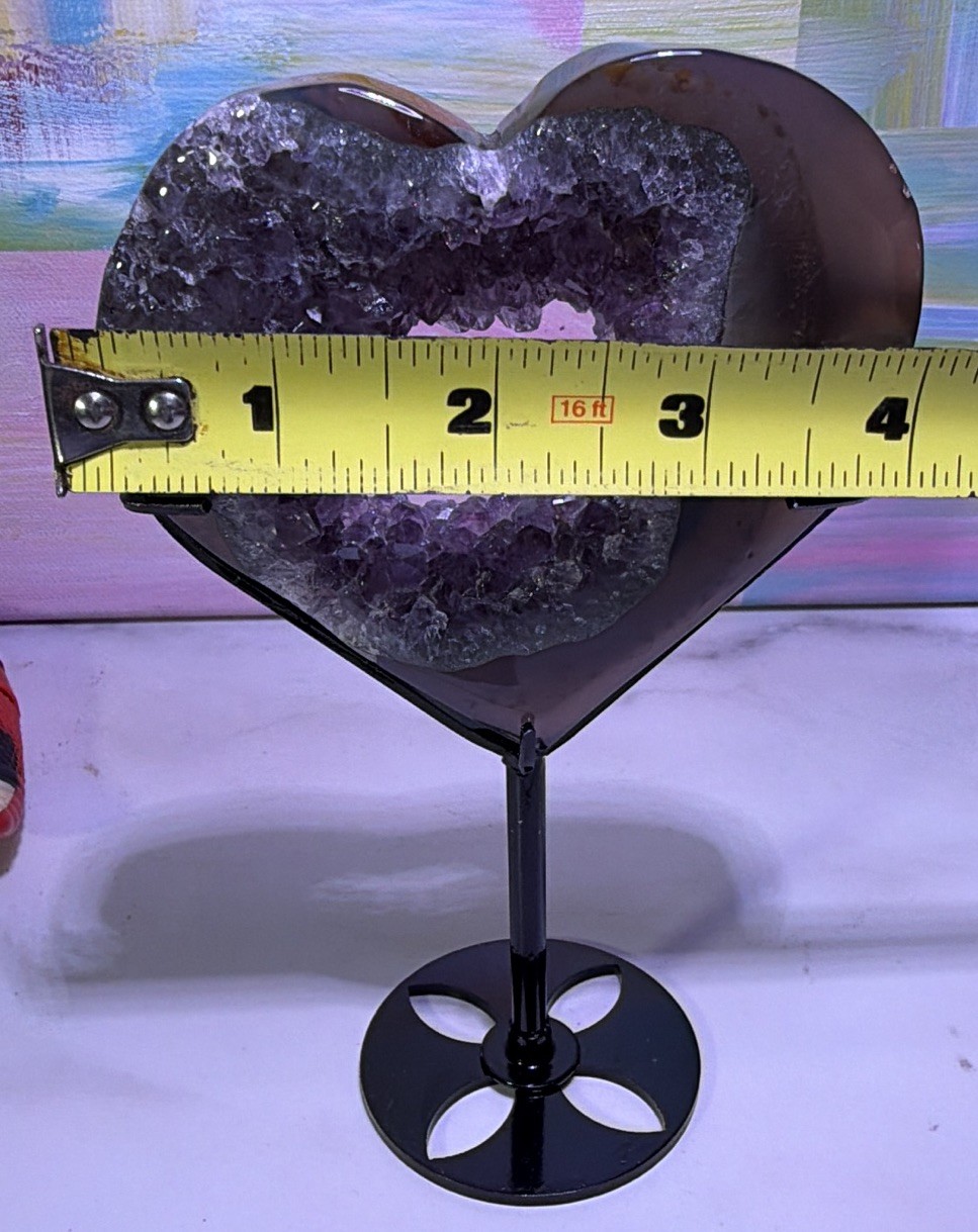 Heart-Shaped Purple Crystal Geode Slice Decor on Black Metal Stand, 6 in Tall