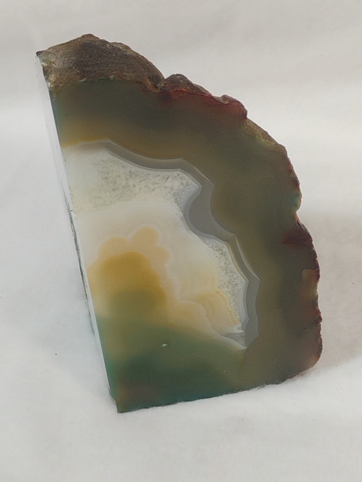 Sliced And Polished Natural Brazilian Agate Geode Bookend Green Brown White