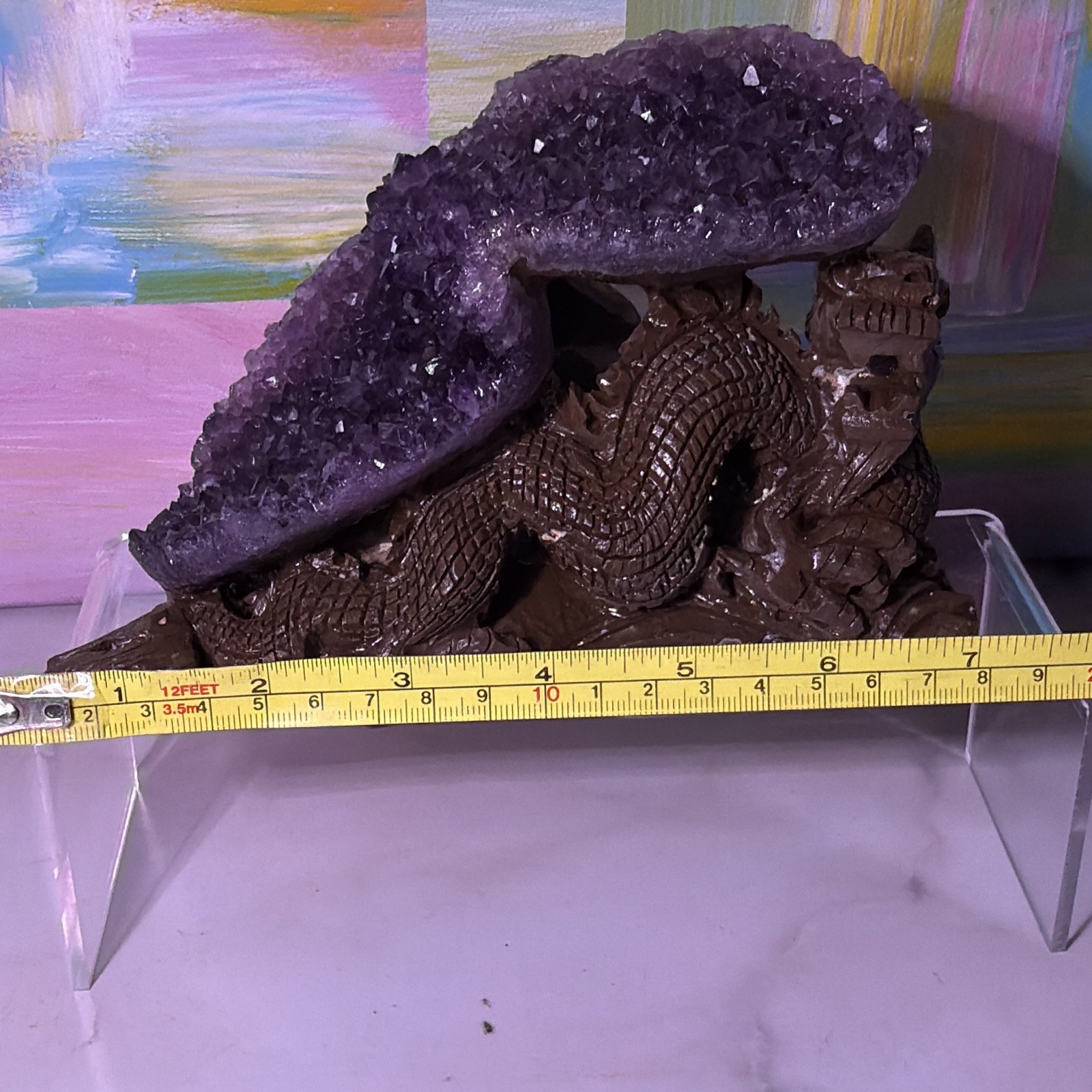 Purple Amethyst Cluster Crystal Mineral Display Specimen on Carved Dragon Stand